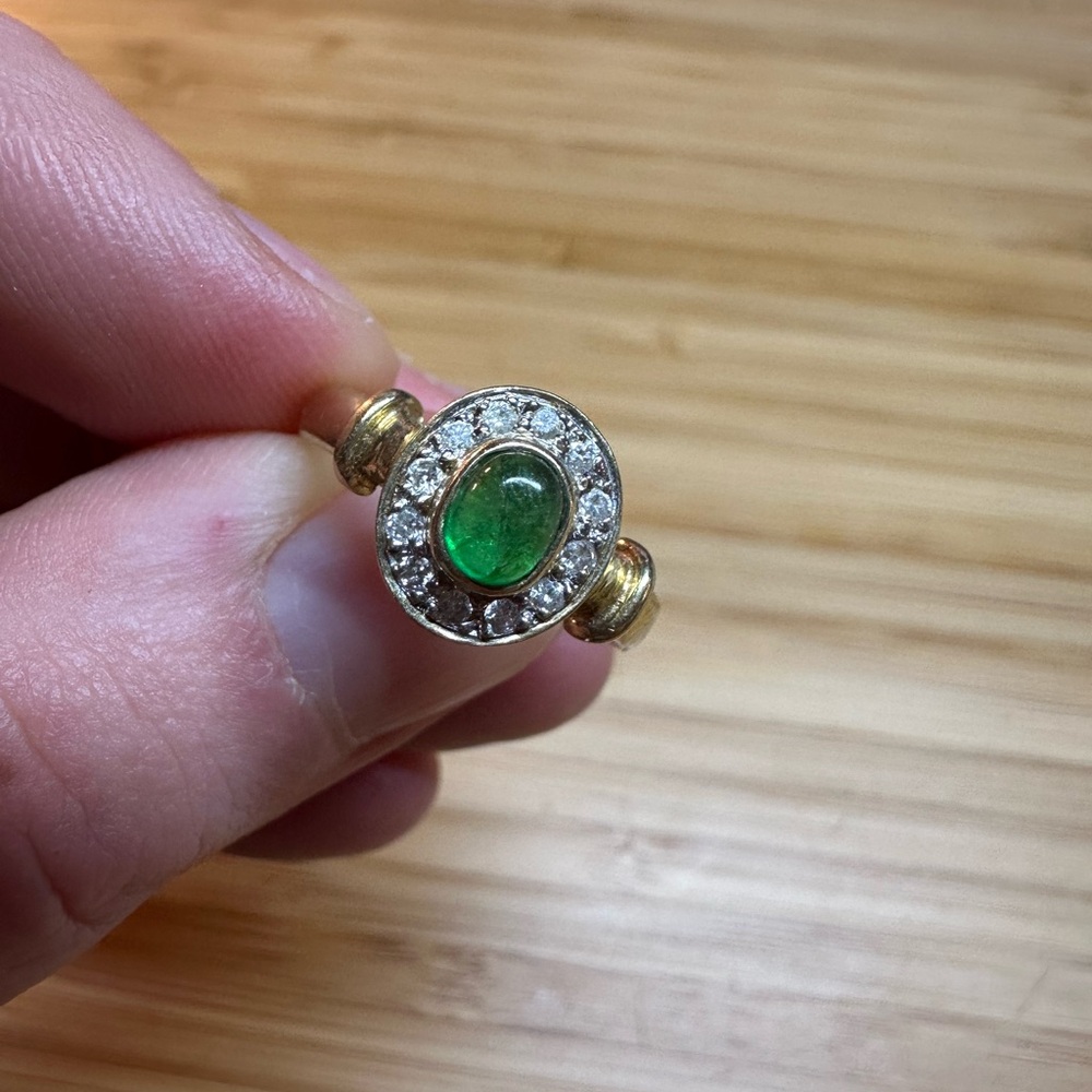Antique Green and Gold Ring with Emerald and Diamond Halo